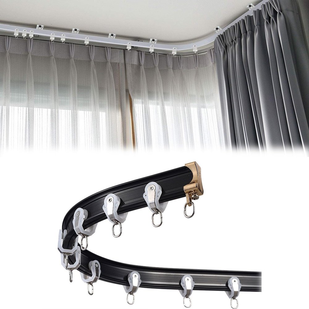 Ceiling Curved Curtain Rail Flexible Aluminium Ceiling Curtain Track Ceiling Or Wall Mount Curtain Tracks System, Flexible Bendable Ceiling Curtain Track Curtain Tension Rod Room Divider (Color : Bla