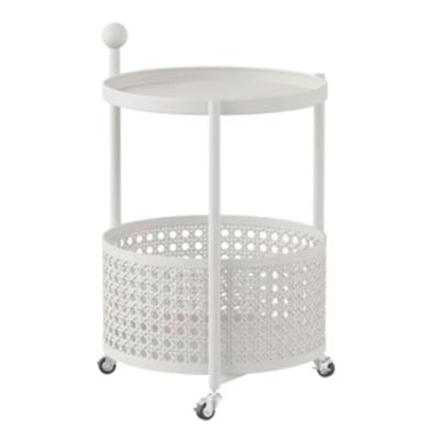 POCHY End Table 3-Tier Round Serving Cart Wrought Iron Coffee Table with Storage Basket Drink Cart Bar Carts Movable Dining Car