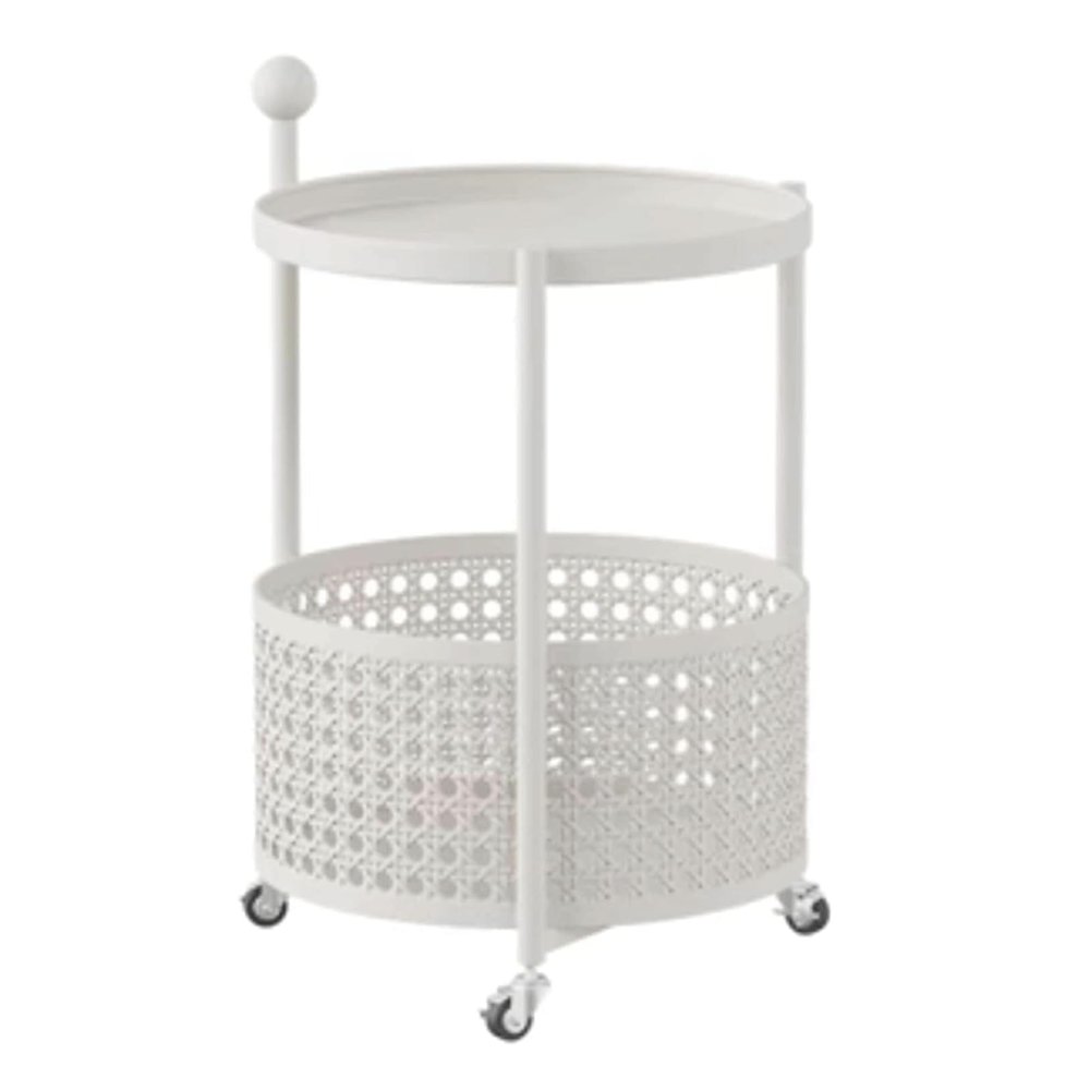 POCHY End Table 3-Tier Round Serving Cart Wrought Iron Coffee Table with Storage Basket Drink Cart Bar Carts Movable Dining Car