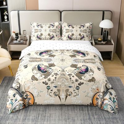 100% Cotton Paisley Duvet Cover King, Boho Floral Bedding Set, Colorful Khaki Damask Flowers Bohemian Abstract Grid Comforter Cover, Geometric Exotic Tribal Lattice Room Decor Quilt Cover