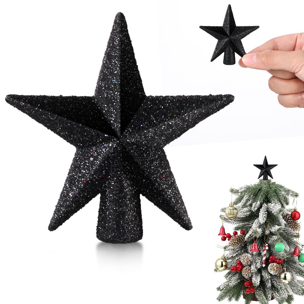 Hanaive Valentines Tree Topper Mini Star Small Treetop for Christmas Tree Star Ornaments Decorative for Home Xmas Holiday Party(Black,2.36 Inch,Glitter)