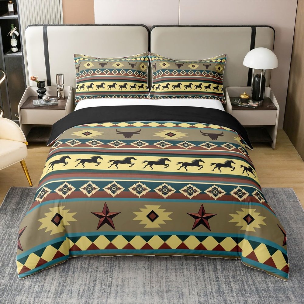 100% Cotton Horse Duvet Cover King Texas Star Bedding Set Aztec American Southwestern Bull Skull Comforter Cover Green Blue Abstract Geometric Native Tribal Room Decor Quilt Cover for Teens