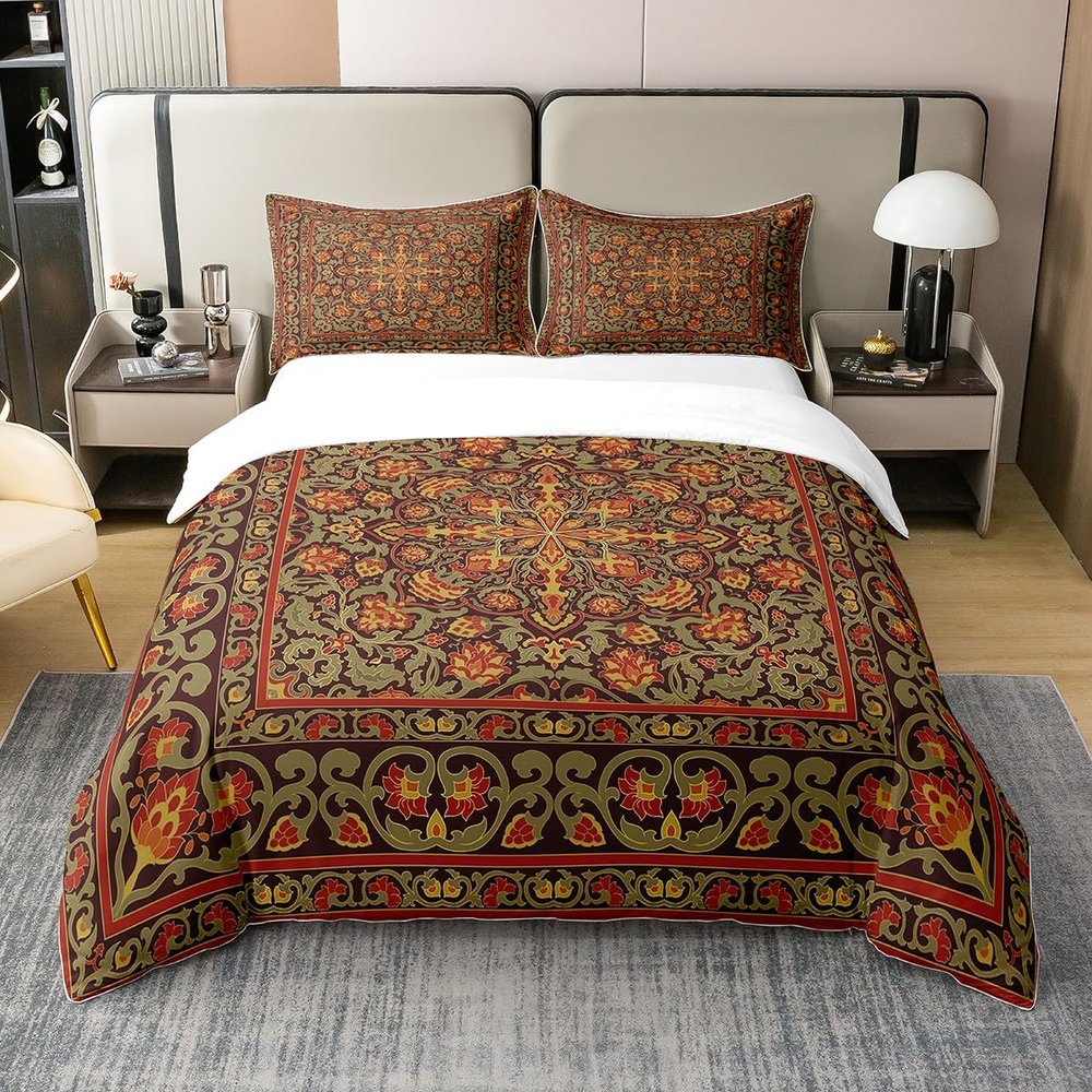 100% Cotton Tribal Floral Duvet Cover Twin Geometric Flowers Bedding Set Red Green Square Lattice Comforter Cover Exotic Retro Bohemian Bedroom Decor Indian Abstract Grid Quilt Cover