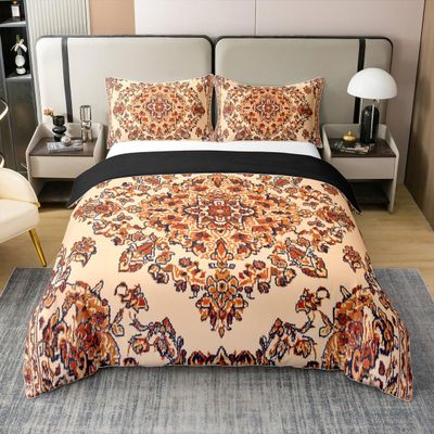 100% Natural Cotton Ethnic Pattern Duvet Cover Twin, Red Boho Bedding Set, Southwest Farmhouse Bohemian Floral Abstract Comforter Cover, Orange Geometric Exotic Tribal Flower Quilt Cover