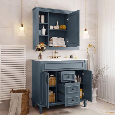 LUMISOL 36" Bathroom Vanity Sink Combo with Mirror, Navy Blue Single Sink Shaker Cabinet with Soft Closing Door and Drawers, Wooden Bathroom Cabinet with Ceramic Basin for Bathroom