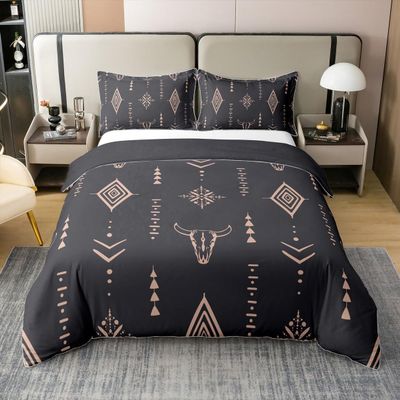 100% Organic Cotton Bull Skull Duvet Cover Queen Boho Bedding Set Ethnic Horns Bohemian Comforter Cover Brown Tribal Symbol Mysterious Aztec Bedroom Decor Abstract Geometric Quilt Cover For Men Boys