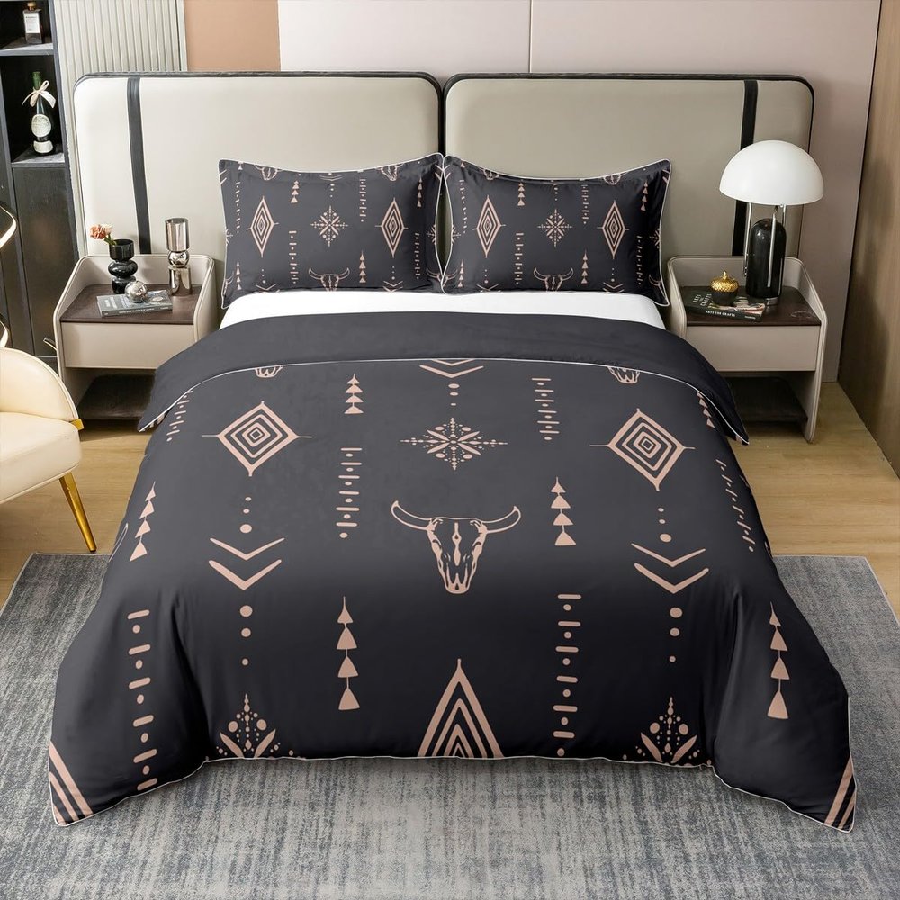 100% Organic Cotton Bull Skull Duvet Cover Queen Boho Bedding Set Ethnic Horns Bohemian Comforter Cover Brown Tribal Symbol Mysterious Aztec Bedroom Decor Abstract Geometric Quilt Cover For Men Boys