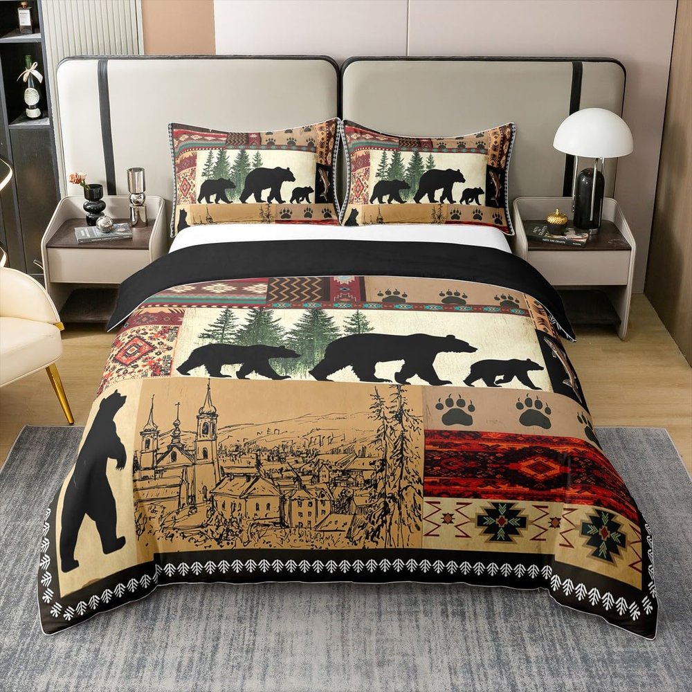 100% Cotton Rustic Bear Duvet Cover King, Southwestern Native American Bedding Set, Wild Animal Bear Claw Comforter Cover, Brown Black Bears Silhouette Woodland Farmhouse Camper Quilt Cover