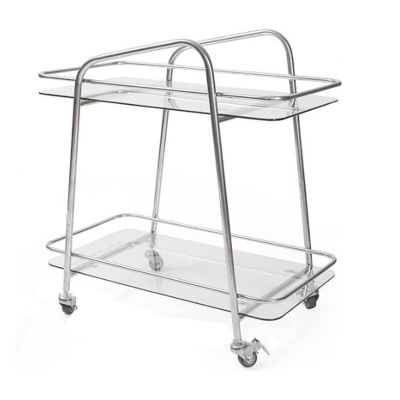 POCHY Serving Cart 2-Tier Glass End Table with Wheels Drink Cart Stainless Steel Coffee Table Mobile Rolling Cart Storage Cart