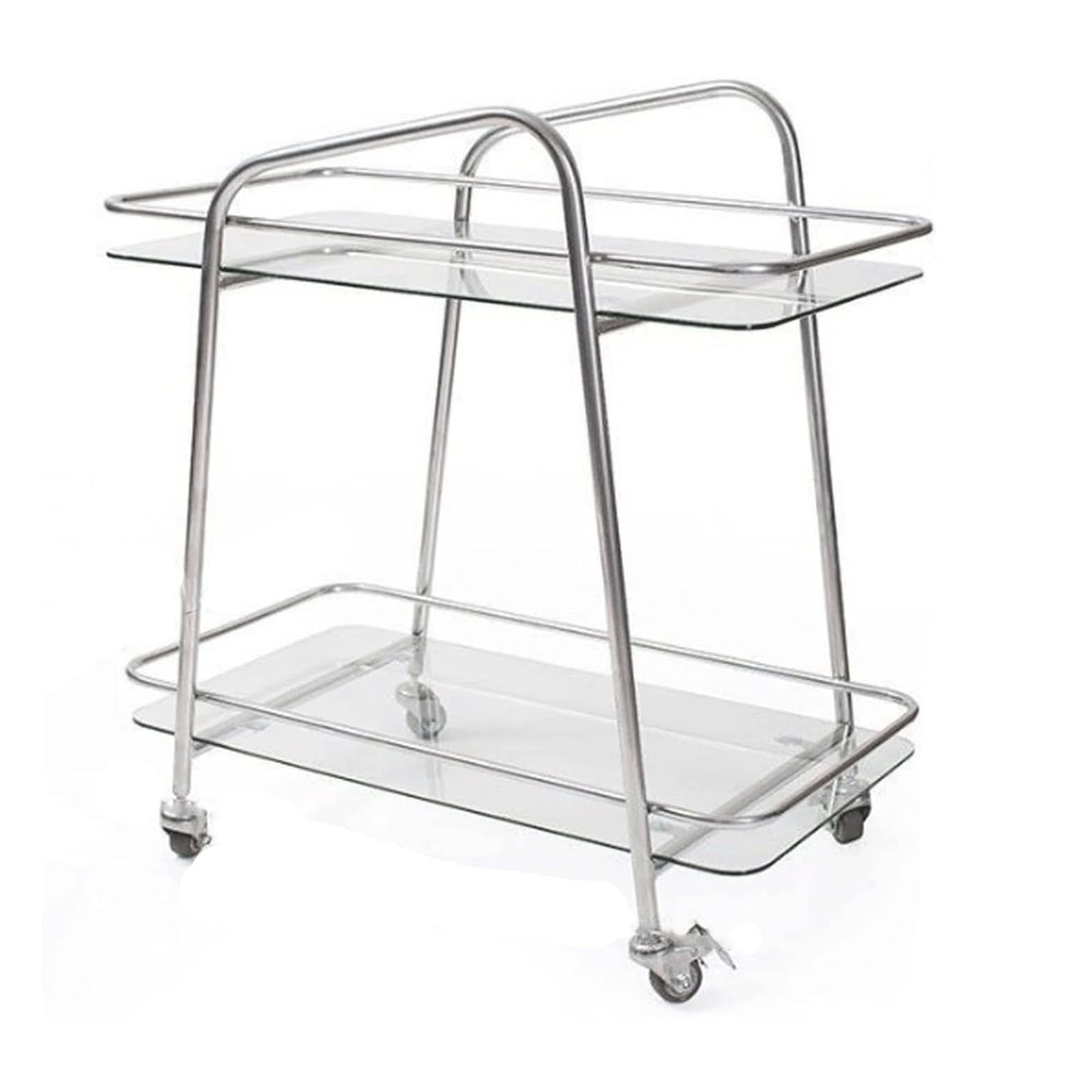 POCHY Serving Cart 2-Tier Glass End Table with Wheels Drink Cart Stainless Steel Coffee Table Mobile Rolling Cart Storage Cart