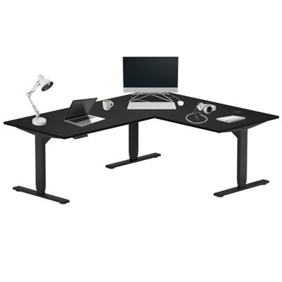 Progressive Desk Height Adjustable Computer Standing Desk - L Shaped 70" x 55" Corner Electric Stand Up Rising Workstation - Black Frame, Ebony Oak Top