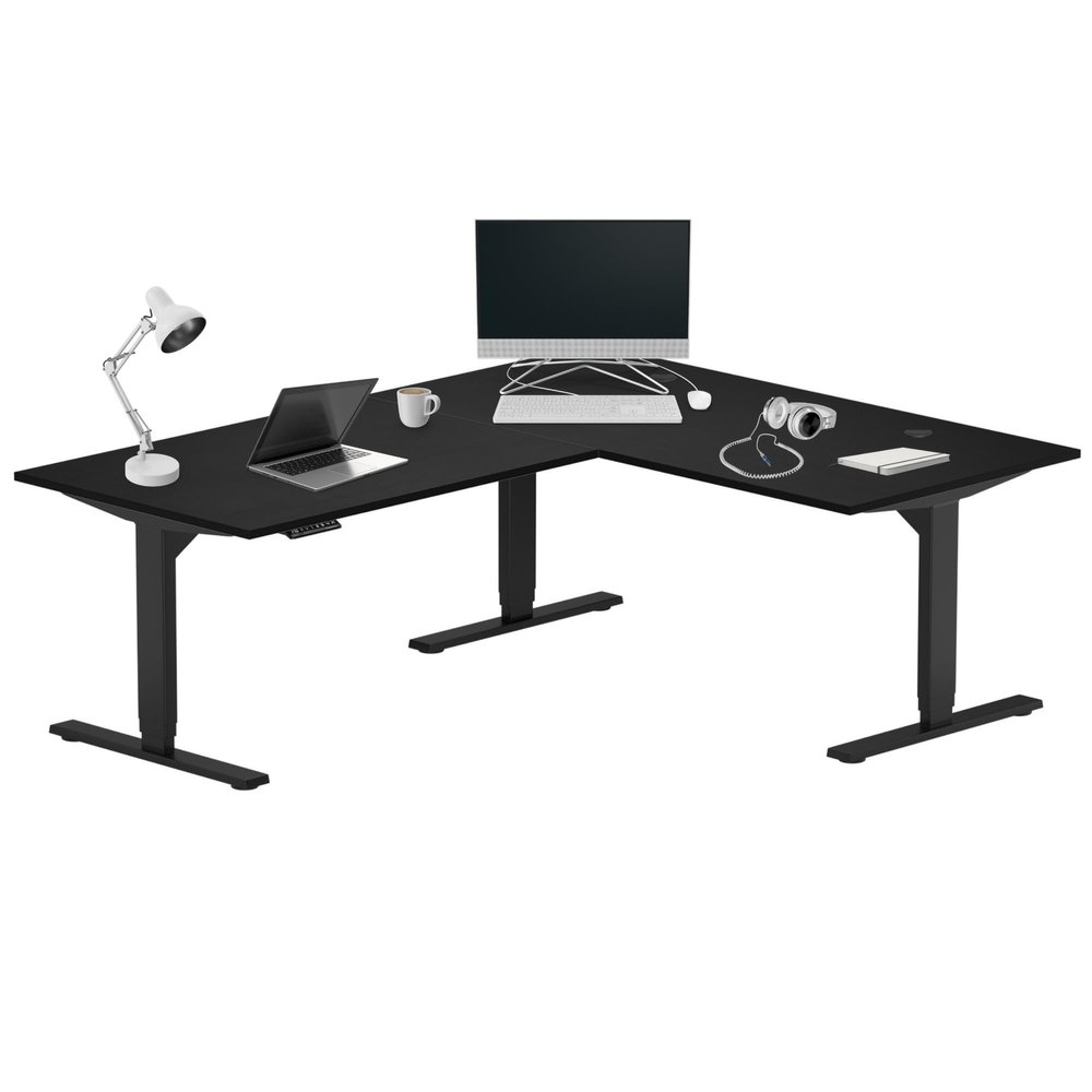 Progressive Desk Height Adjustable Computer Standing Desk - L Shaped 70" x 55" Corner Electric Stand Up Rising Workstation - Black Frame, Ebony Oak Top