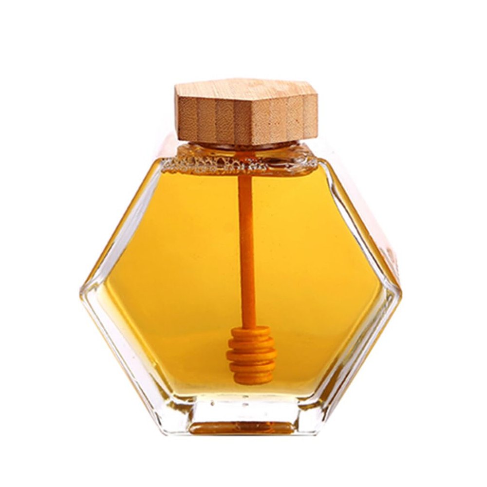 STOBAZA 380ml Glass Honey Pot Storage Jar Lid and Dipper Bee Honey Pot Jar Set for Home Kitchen