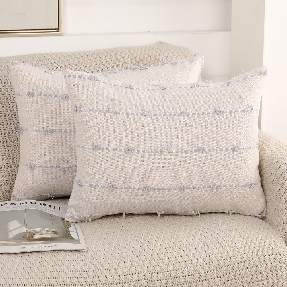 NUYECY Set of 2 Boho Lumbar Throw Pillow Covers 12x20,Stone Grey and White Neutral Couch Pillow Case with Tassel Fringe Decorative,Modern Accent Farmhouse Cushion Covers for Sofa Couch Bed Living Room