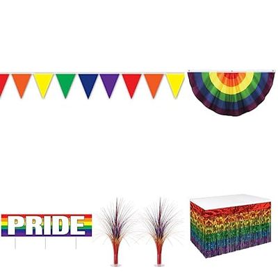 Beistle Rainbow Pennant Banner, Fabric Rainbow Bunting, Rainbow Metallic Table Skirting, 2 Piece Rainbow Metallic Spray Centerpieces, and Jumbo Rainbow Pride Yard Sign