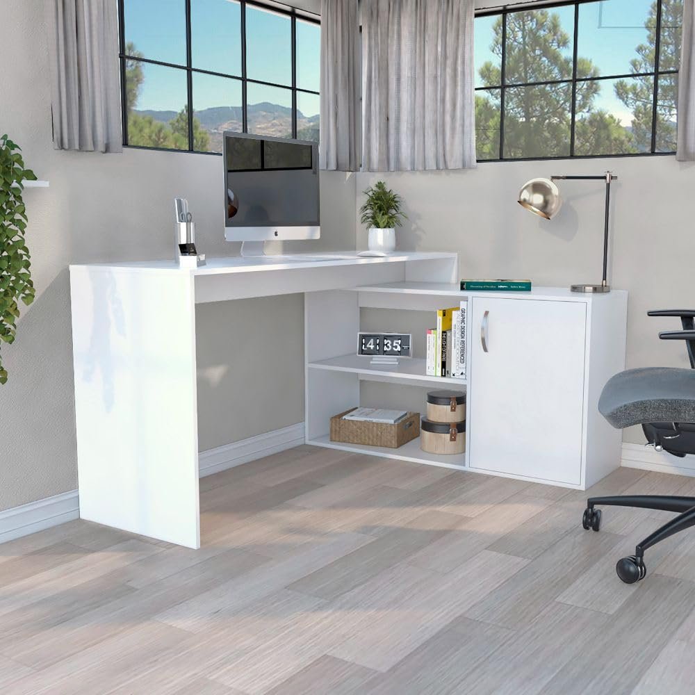 L-Shaped Desk Desti, Single Door Cabinet - White