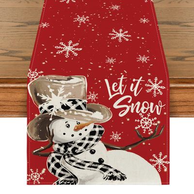 Artoid Mode Red Snowman Snowflake Let it Snow Winter Table Runner, Seasonal Christmas Kitchen Dining Table Decoration for Home Party Decor 13x90 Inch