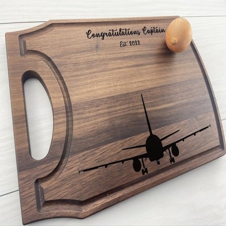 Personalized Cutting Board, Engraved Cutting Board, Airplane Design, Pilot in Command, Airplane Gift, Captain, Corporate Gift, Congrats, 507 (Maple, Arched 16" x 10.5")