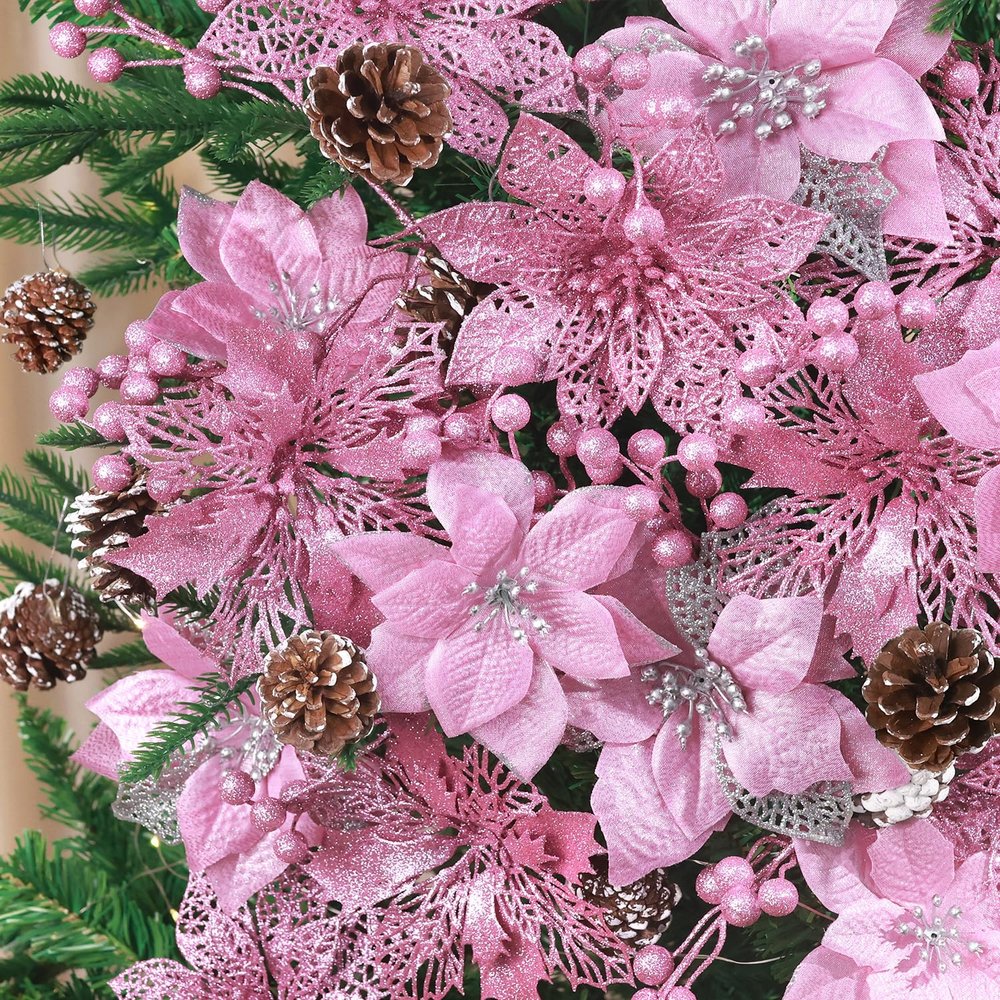 Hommtina 56 Pcs Christmas Decorations, 4 Styles Poinsettias Artificial Christmas Flowers Glitter Berries Stems Ornaments Tree with Pine Cones & Stems for Xmas Wedding DIY Wreath Floral Party (Pink)