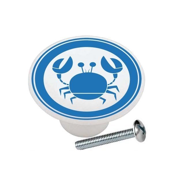 Farm Fresh Knobs Design Ceramic Cabinet Kitchen Bathroom Furniture Handles or Pulls w/Glossy Finish - Various Crabs Red Blue - 1.5 x 1.5 Inches (Blue Circle Crab)