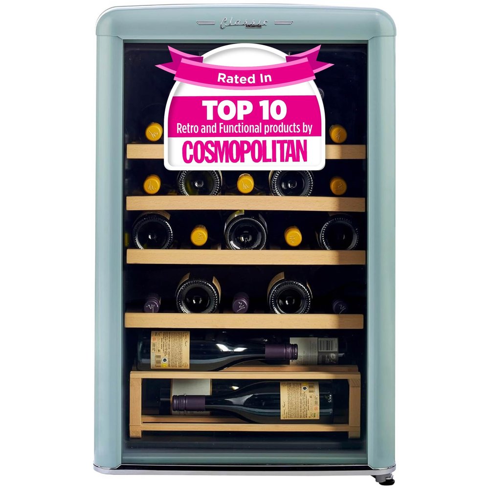 Unique Appliances Classic Retro Electric Wine Cooler, 28-Bottle Wine Fridge with Adjustable Wooden Shelves and Intuitive Digital Control Panel, Single Zone, 21", Ocean Mist Turquoise