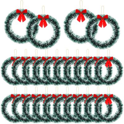 Wavyknot 24 Pcs 12 Inch Christmas Wreath with Red Bow Bulk Artificial Christmas Garland Creative Winter Decoration Christmas Tree Hanging Ornaments for Window Front Door Kitchen Shop Indoor Outdoor