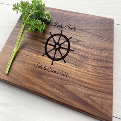 Personalized Cutting Board, Wedding Gift, Nautical Gift, Helm Gift, Sailboat Gift, Boat Owner Gift, Ship, Sets to Sea, Ocean, Sailing, 258 (Walnut, Arched 12" x 9")