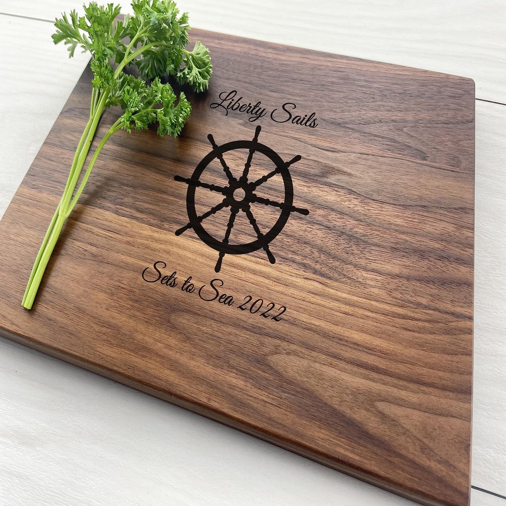 Personalized Cutting Board, Wedding Gift, Nautical Gift, Helm Gift, Sailboat Gift, Boat Owner Gift, Ship, Sets to Sea, Ocean, Sailing, 258 (Walnut, Arched 12" x 9")