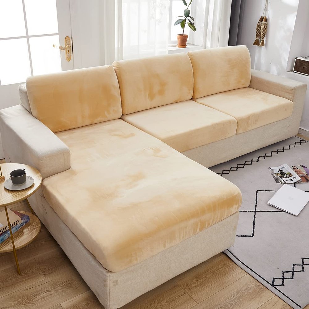 vctops Velvet Stretch Couch Cover for 2 Cushion Couch Super Soft Anti-Slip L Shape Sofa Covers Solid Color Sofa Slipcover Furniture Protector (Beige Yellow,Medium)