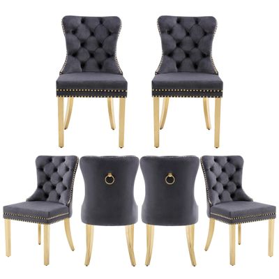 GOOLON Dining Room Chairs Set of 6, Tufted Velvet Chairs with Golden Stainless Legs, Rivet Trim Metal Pull Ring Large Back for Kitchen Dining Room Restaurant, Dark Gray