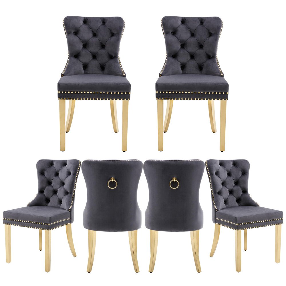 GOOLON Dining Room Chairs Set of 6, Tufted Velvet Chairs with Golden Stainless Legs, Rivet Trim Metal Pull Ring Large Back for Kitchen Dining Room Restaurant, Dark Gray