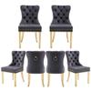 GOOLON Dining Room Chairs Set of 6, Tufted Velvet Chairs with Golden Stainless Legs, Rivet Trim Metal Pull Ring Large Back for Kitchen Dining Room Restaurant, Dark Gray view 1