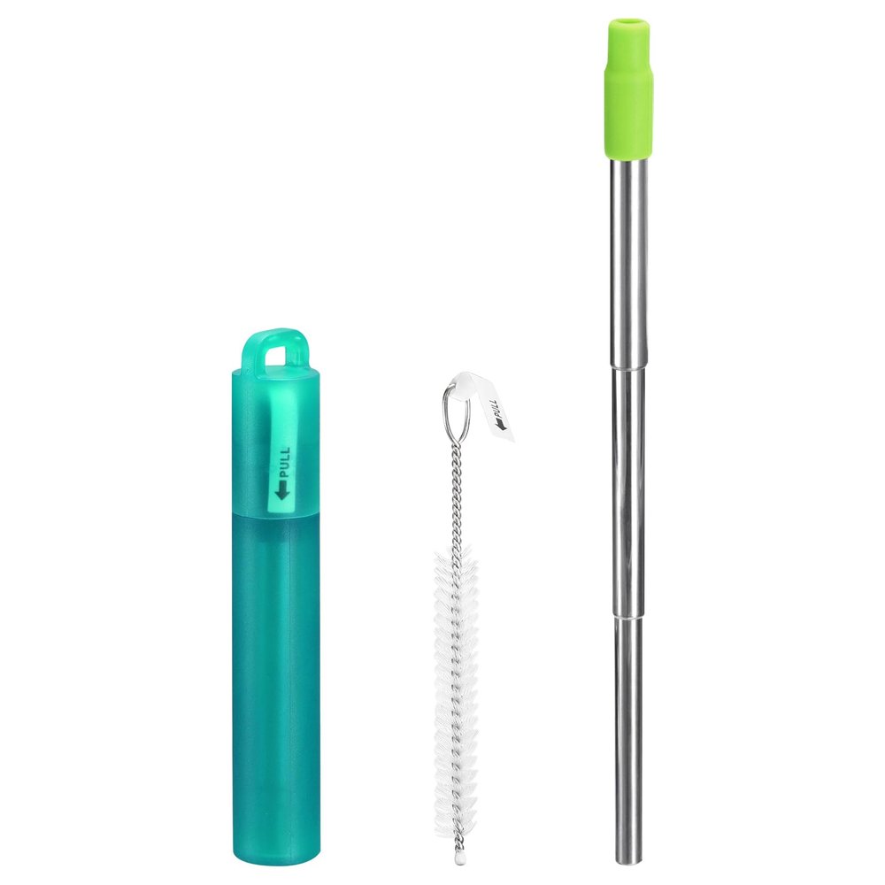 uxcell 1 Set Reusable Metal Straws, 3.7"-8.3" Portable Telescopic Stainless Steel Drinking Straw Silicone Nozzle for Drinks Beverage, with Case and Cleaning Brush (Green)