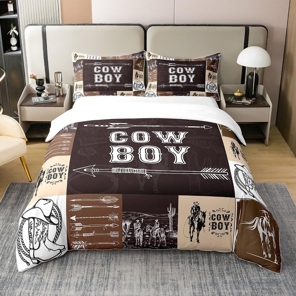 100% Cotton Western Cowboy Comforter Cover Riding Horse Full Bedding Sets for Boys Men,Tribal Arrow Wild West Desert Duvet Cover Rustic Country Room Decor Cowboy Boots Grids Bed Set with Zipper