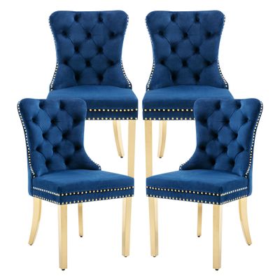 GOOLON Dining Room Chairs Set of 4, Tufted Velvet Chairs with Golden Stainless Legs, Rivet Trim Metal Pull Ring Large Back for Kitchen Dining Room Restaurant, Blue