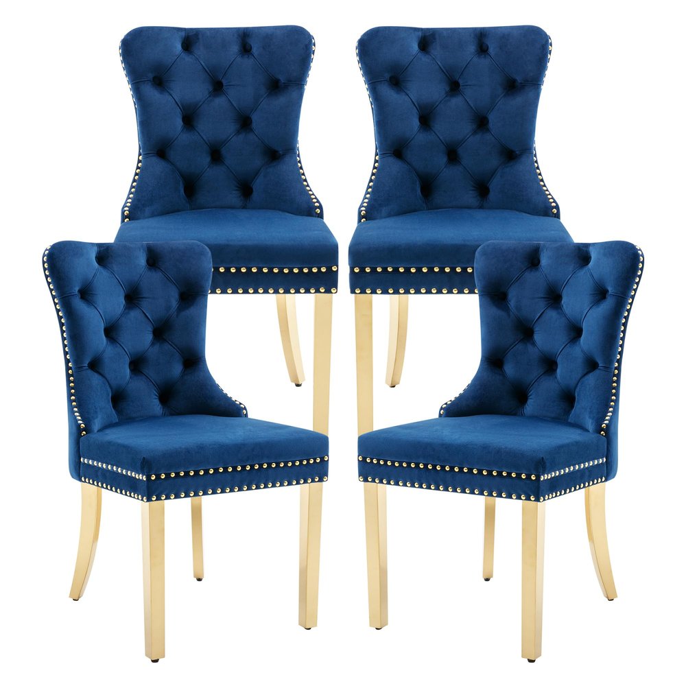 GOOLON Dining Room Chairs Set of 4, Tufted Velvet Chairs with Golden Stainless Legs, Rivet Trim Metal Pull Ring Large Back for Kitchen Dining Room Restaurant, Blue