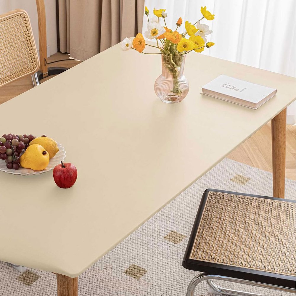 Cozomiz Waterproof PU Leather Rectangular Tablecloth Elastic Edged Tablecloth Wipeable Table Cloth Table Cover for Outdoor, Patio, Kitchen and Dining Room 31" x 50" Inches Beige