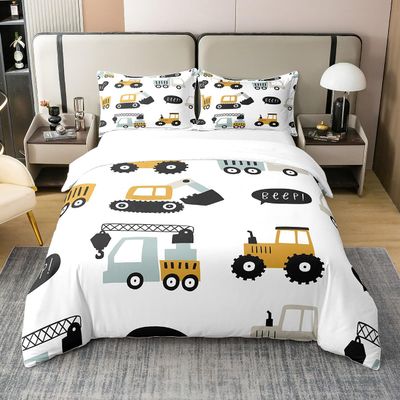 100% Cotton Kids Construction Bedding Set King,Cartoon Excavator Tractor Print Duvet Cover Cute Equipment Crane Truck Comforter Cover for Boys Girls Youth Bedroom Decor,White Yellow Bedspread Cover