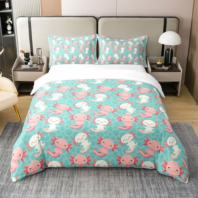 100% Natural Cotton Cute Axolotl Bedding Set Queen Size Cartoon Axolotl Duvet Cover Kawaii Animal Comforter Cover for Kids Boys Girls Teens Wildlife Pet Animal Quilt Cover Bedroom Decor, Green