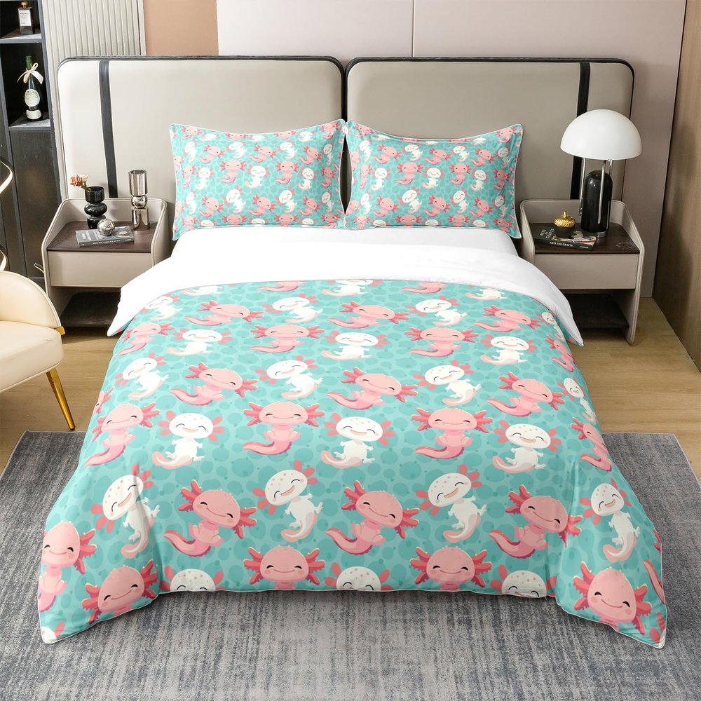 100% Natural Cotton Cute Axolotl Bedding Set Queen Size Cartoon Axolotl Duvet Cover Kawaii Animal Comforter Cover for Kids Boys Girls Teens Wildlife Pet Animal Quilt Cover Bedroom Decor, Green