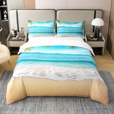 100% Cotton Summer Beach Bed Sets Hawaiian Ocean Duvet Cover Tropical Palm Tree Bedding Set Twin Marine Sea Waves Comforter Cover Microfiber Breathable Bed Cover with Zipper Closure (No Comforter)