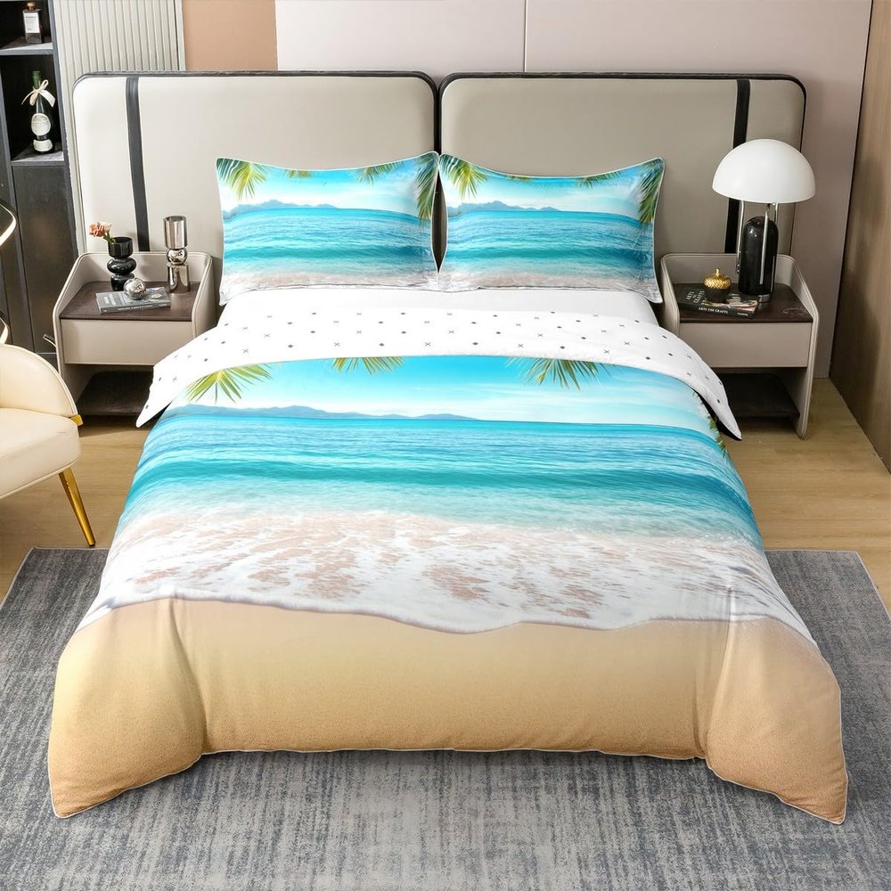 100% Cotton Summer Beach Bed Sets Hawaiian Ocean Duvet Cover Tropical Palm Tree Bedding Set Twin Marine Sea Waves Comforter Cover Microfiber Breathable Bed Cover with Zipper Closure (No Comforter)