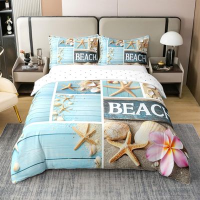 100% Cotton Hawaii Bed Sets Starfish Seashell Duvet Cover Pink Cherry Blossom Bedding Set Full Coastal Sealife Patchwork Comforter Cover Farmhouse Decor Lodge Cabin Bed Cover with Zipper Closure