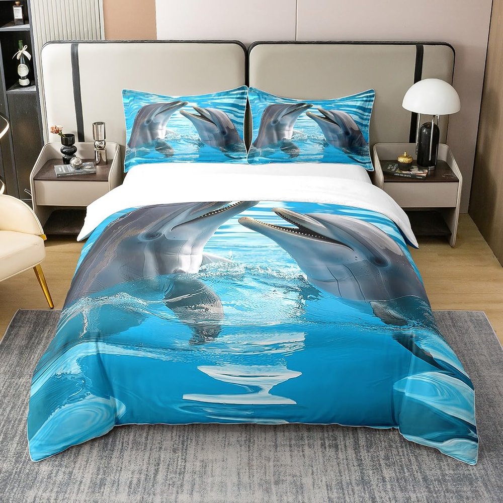 100% Cotton Kid Dolphin Bedding Set, Cute Dolphin Duvet Cover, Marine Life Comforter Cover, Blue Wave Decor Lightweight Soft Polyester Quilt Cover 1 Duvet Cover with 2 Pillow Cases Queen Size