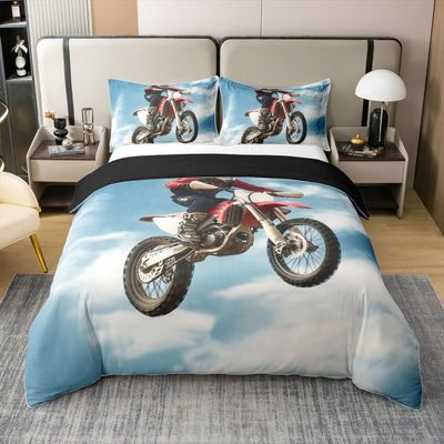Erosebridal Dirt Bike 100% Cotton Duvet Cover Queen, Motocross Rider Comforter Cover Motorcycle Extreme Sport Quilt Cover, Motorbike Game Bedding Set for Living Room Bedroom Dorm Decorative, Blue
