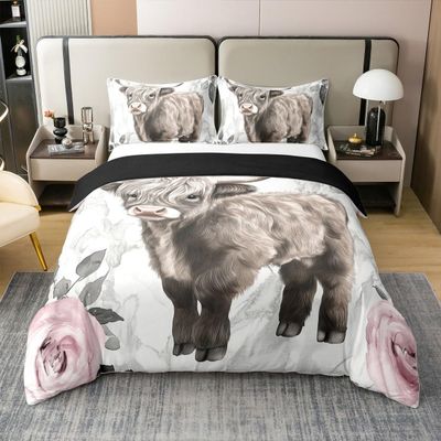 100% Cotton Highland Cow Floral Comforter Cover Bull Cattle Bedding Set King Western Funny Animal Duvet Cover Brown Wildlife Farmhouse Cow Quilt Cover Rose Cherry Blossoms Grey Marble Quilt Cover