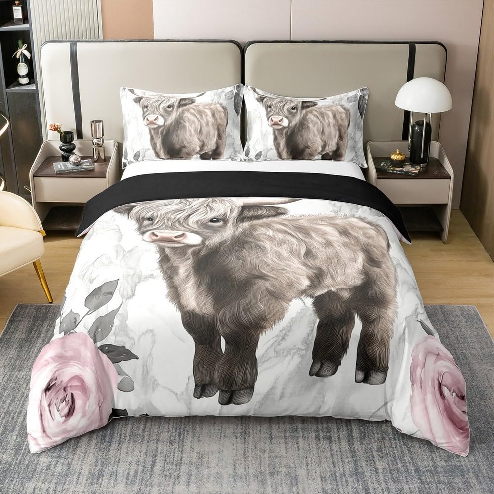100% Cotton Highland Cow Floral Comforter Cover Bull Cattle Bedding Set King Western Funny Animal Duvet Cover Brown Wildlife Farmhouse Cow Quilt Cover Rose Cherry Blossoms Grey Marble Quilt Cover