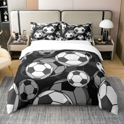 Erosebridal Kids Soccer 100% Cotton Duvet Cover Twin Football Comforter Cover European Sport Game Bedding Set Player Field Quilt Cover, Cartoon Decor 2Pcs with 1 Pillowcase, Black White