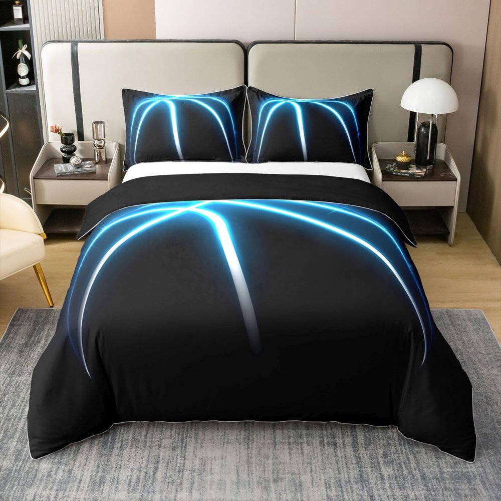 100% Natural Cotton Basketball Comforter Cover for Boy Young Man Sports Game Theme Duvet Cover Twin Size Blue Lines Stripes Neon Lines Bedding Set Basketball Court Player Quilt Cover Black 2Pcs