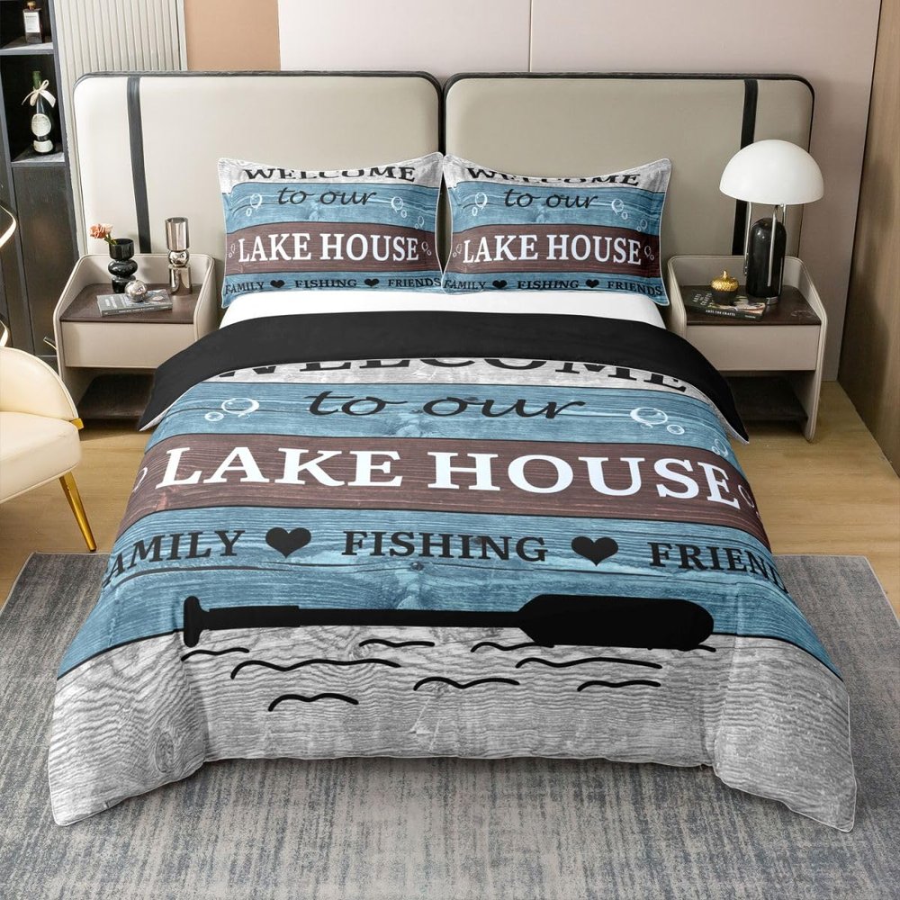 Lake House 100% Cotton Duvet Cover Queen Size, Farmhouse Lake Paddle Comforter Cover Rustic Wooden Stripes Bedding Set, Kids Lake House Decor Camping Bed Set Lake Theme Room Decor, Blue White Brown